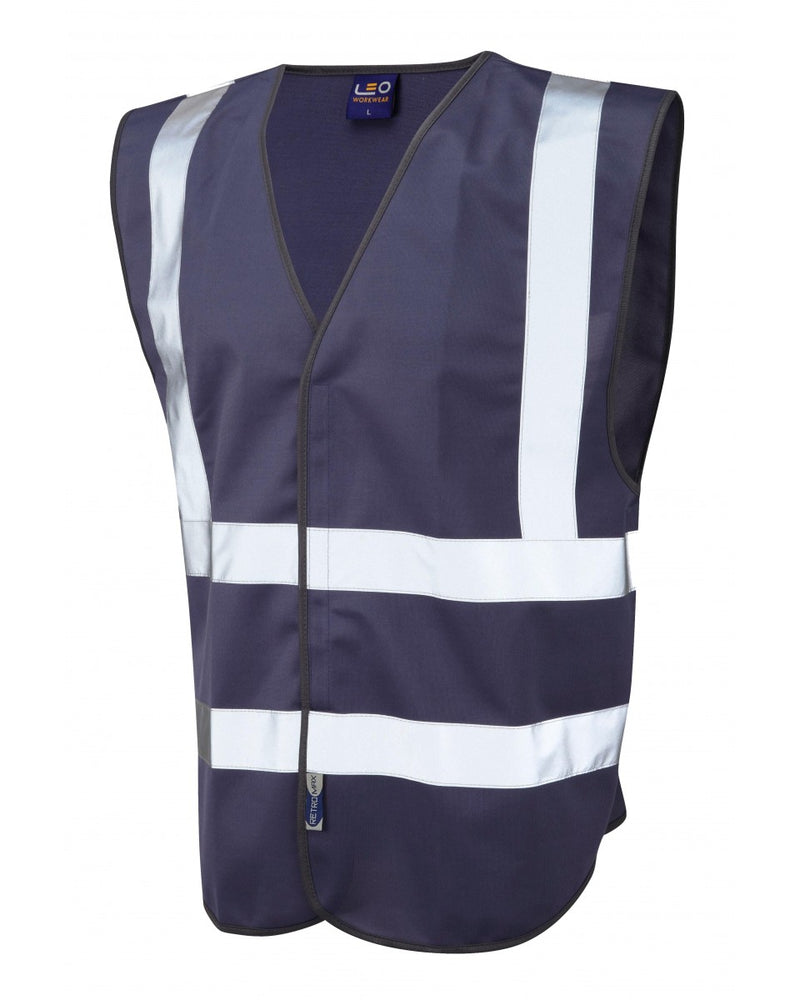 Navy blue Leo Workwear Pilton coloured reflective waistcoat. A smart and practical choice for workplace safety attire.