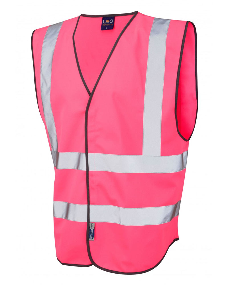 Women's pink high-visibility vest by Leo Workwear with reflective tape and curved side panels