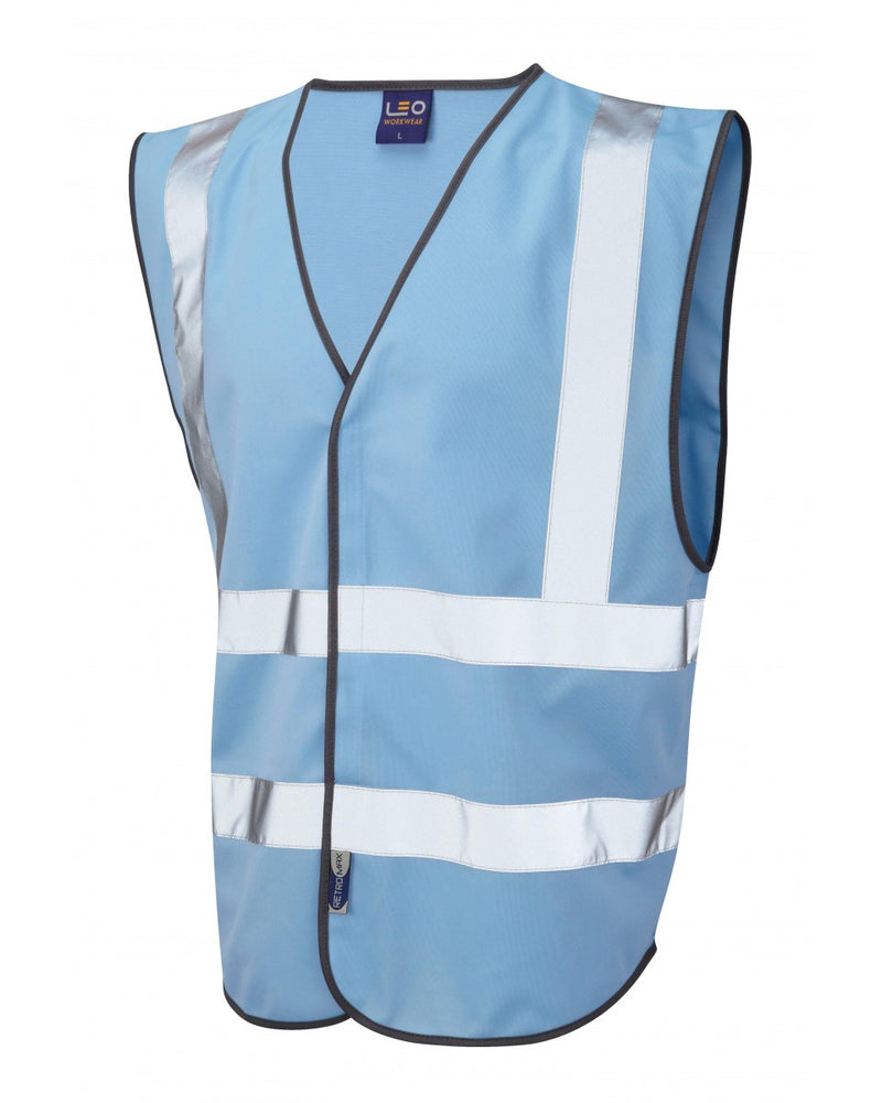 Sky blue women's high-visibility vest by Leo Workwear with reflective bands and panel design