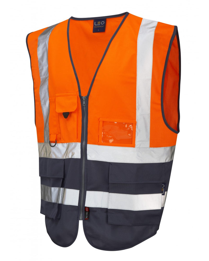 Leo Workwear Lynton ISO 20471 waistcoat in a practical hi-vis orange and navy blue design.
