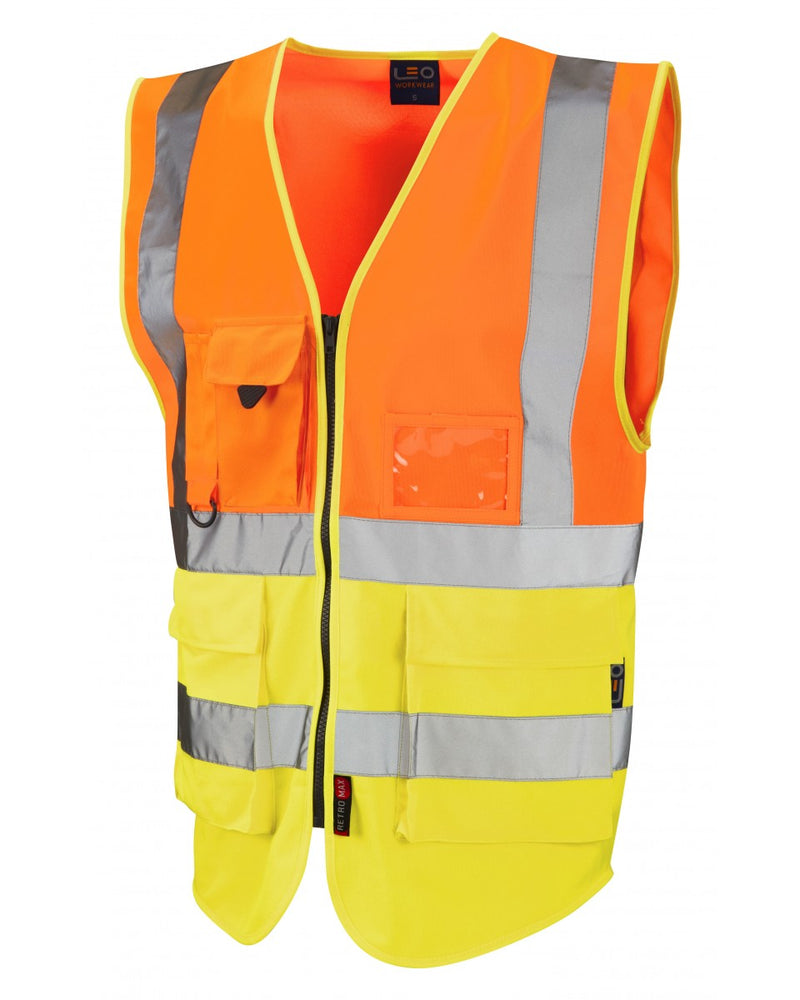 Hi-vis orange and yellow Leo Workwear Lynton waistcoat, offering Class 1 visibility and a modern style.