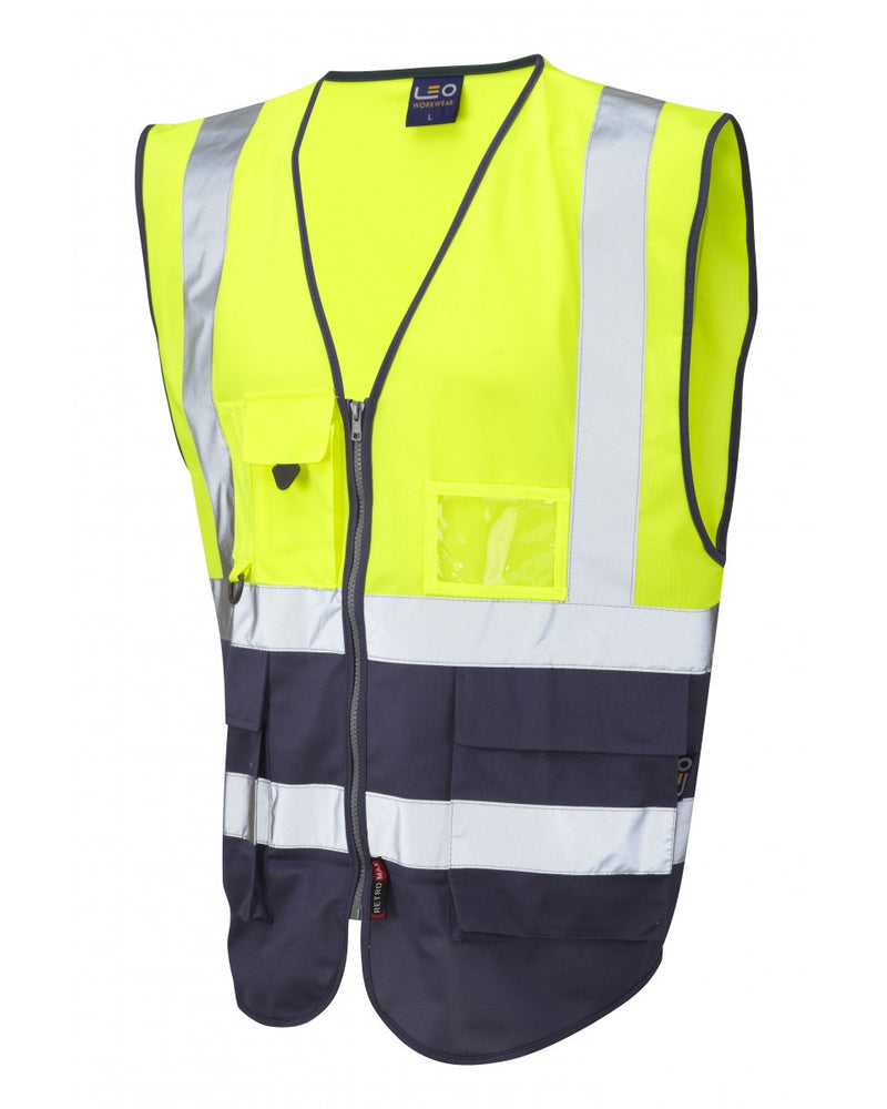 Front view of the Leo Workwear Lynton hi-vis waistcoat in yellow and navy.