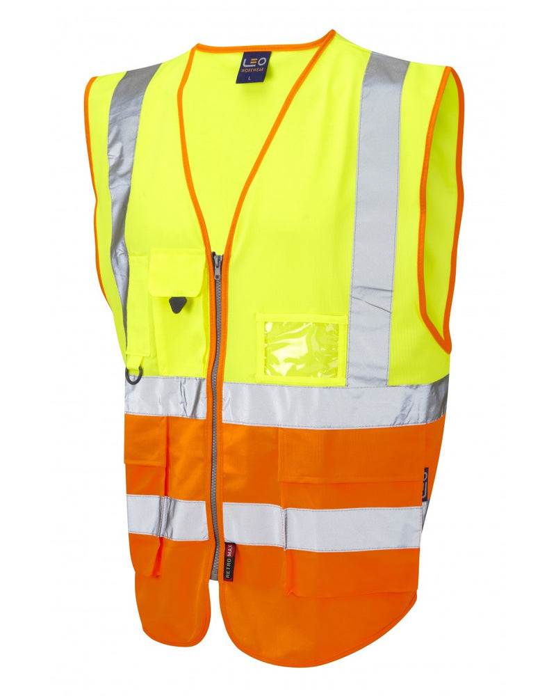 Leo Workwear Lynton ISO 20471 Class 1 waistcoat in yellow and orange. Dual-colour design for enhanced visibility.