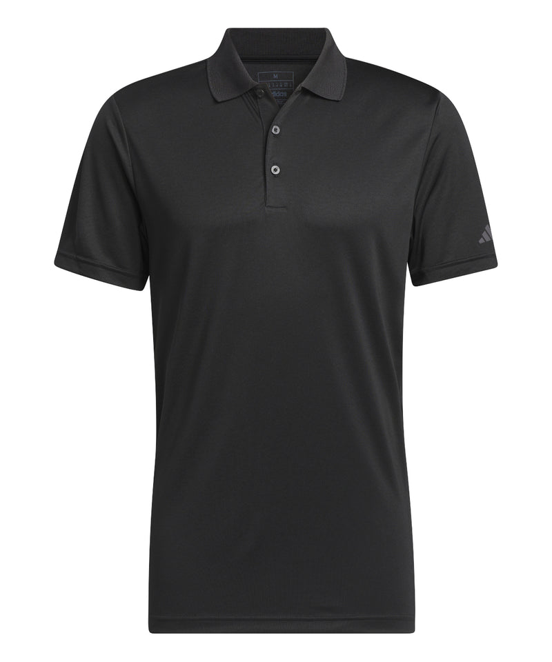 Classic black Adidas Performance polo shirt. Front view showing the textured fabric.