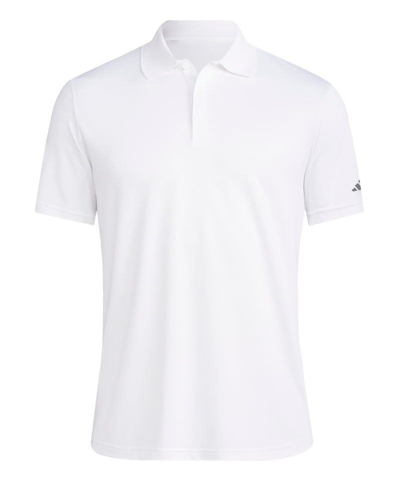Crisp white Adidas Performance polo shirt, showing the iconic logo on the sleeve.