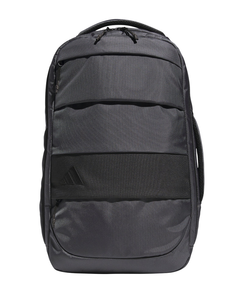 Adidas hybrid backpack bag in grey five, shown with shoulder straps visible.
