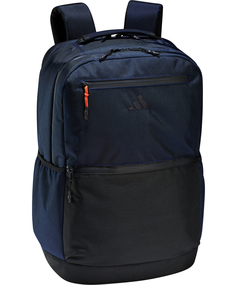 Adidas backpack in legend ink blue, showing its main compartment and front zip pocket.