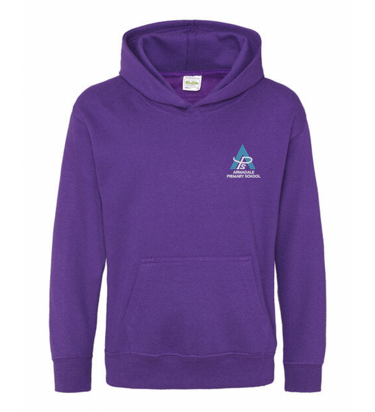 A purple Armadale PS House Hoodie for kids, embroidered with the school crest.
