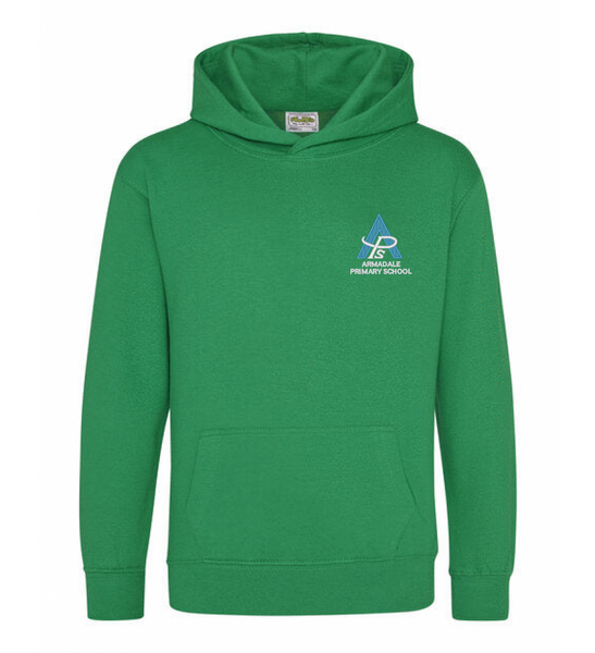 A kelly green Armadale PS House Hoodie for kids with the school logo on the chest.