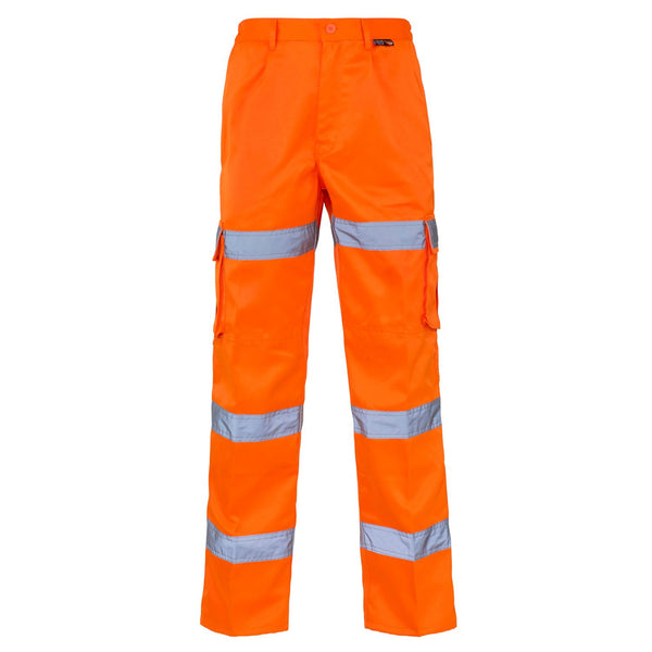 Supertouch hi-vis orange combat trousers with three reflective bands.