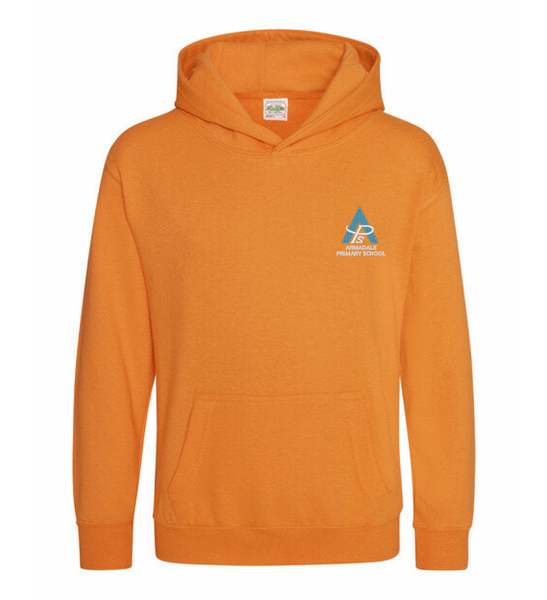 An ochre-colored Armadale PS House Hoodie for kids, featuring the school crest.