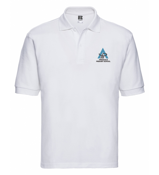 The adult's white Armadale PS polo shirt, featuring the embroidered school crest.