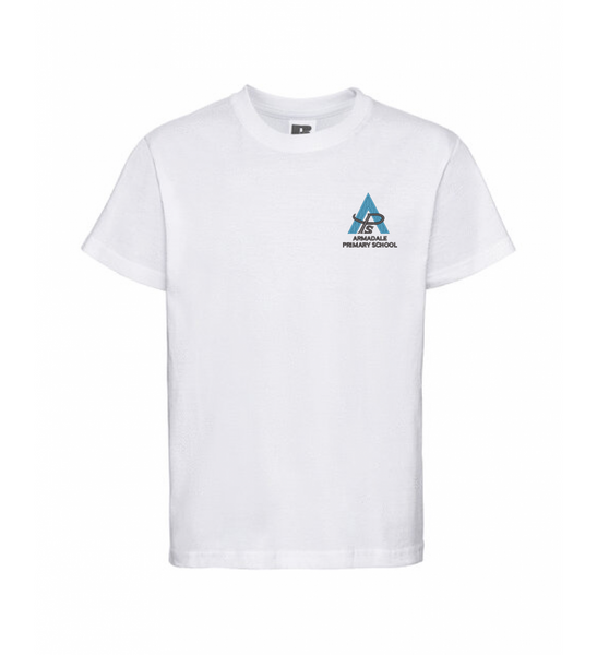 A white Armadale PS t-shirt for kids, with the school crest and house color panels.