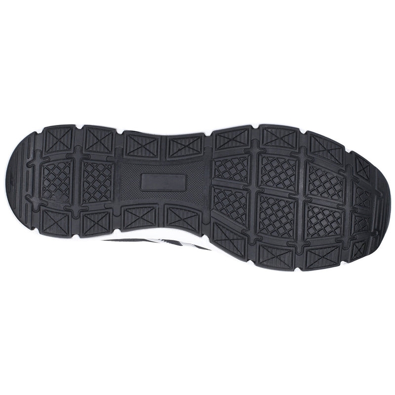 Black safety shoe sole with square grid tread pattern and deep grooves for slip resistance.