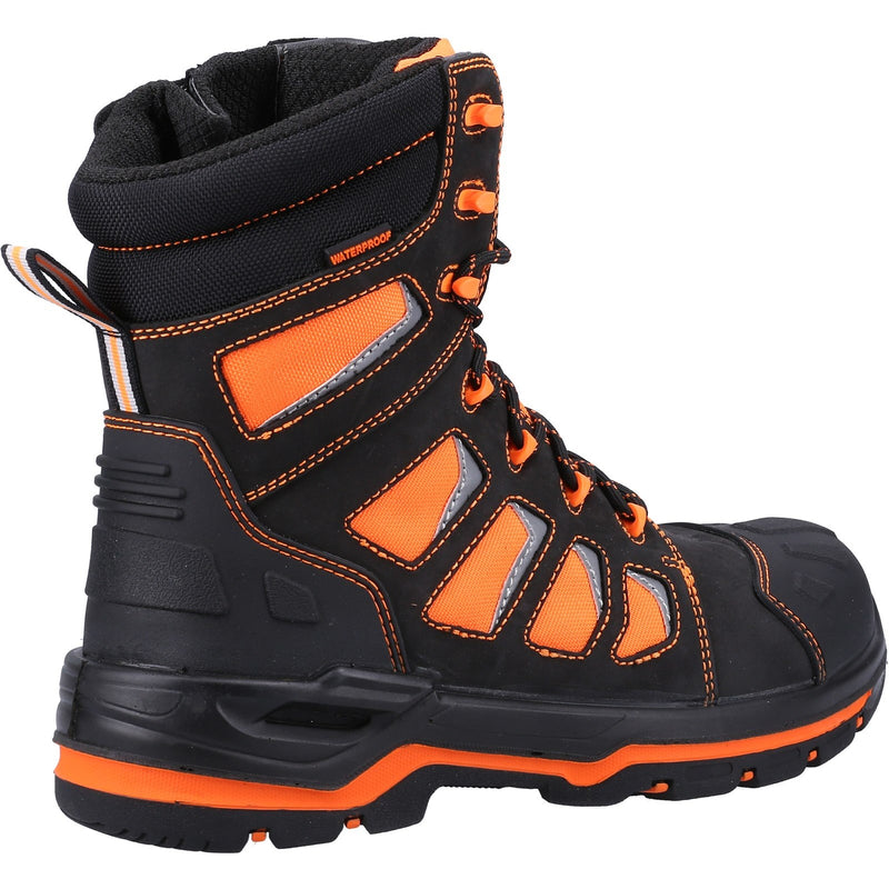 Side view of the hi-vis orange Beacon safety boot.