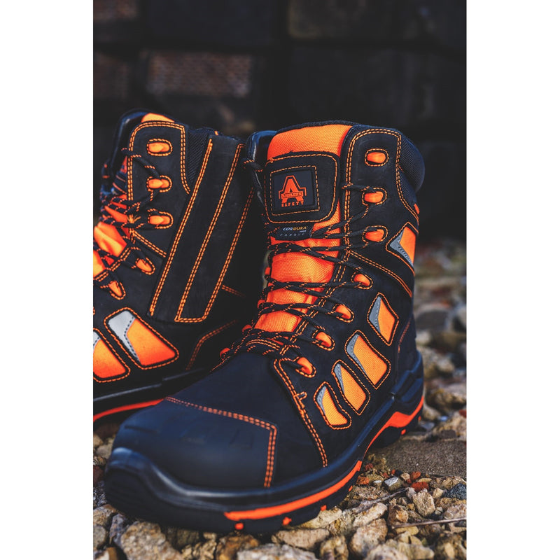 Close-up of the fastening on the orange Beacon boot.