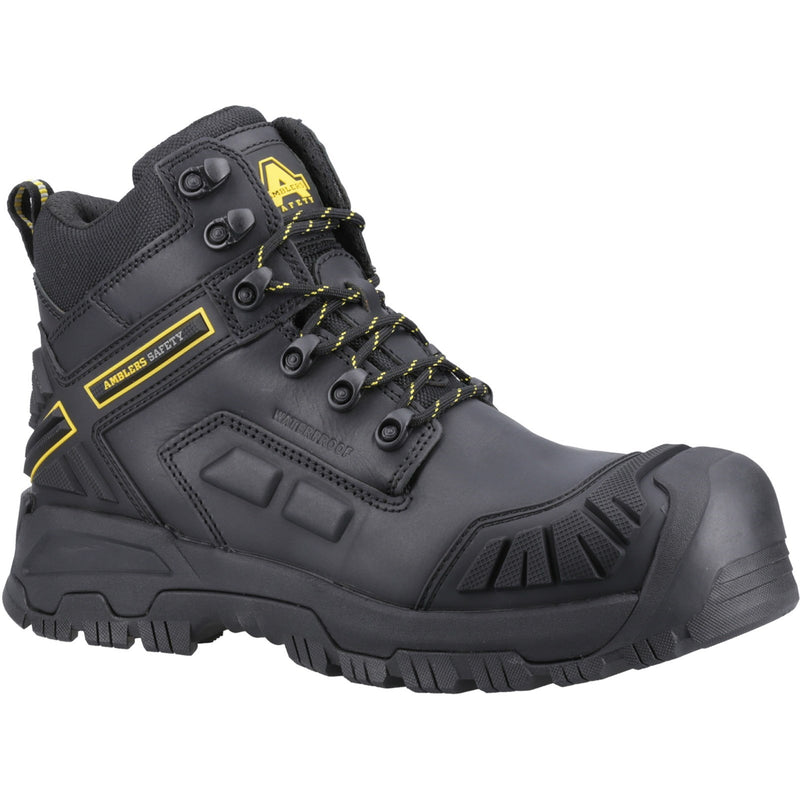 Amblers Flare safety boot in black with yellow detailing.