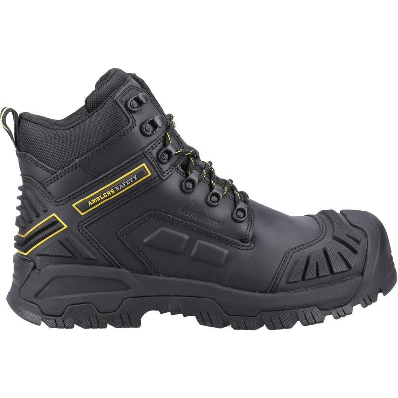 Black Amblers Safety work boot with reinforced toe, rugged sole, and yellow branding details.