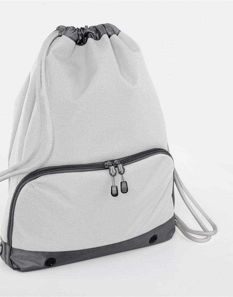 The Bagbase Athleisure Gymsac in black, shown with cords pulled to close the bag securely.
