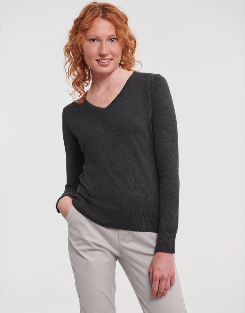 Russell Collection Ladies' V-Neck Knitted Pullover - Charcoal Marl