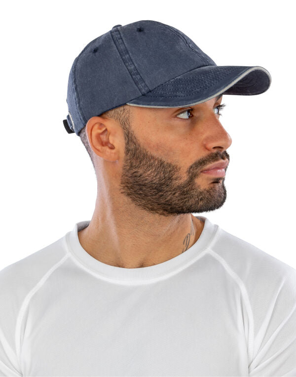 Result Headwear Washed Fine Line Cotton Cap With Sandwich Peak - Navy/Putty