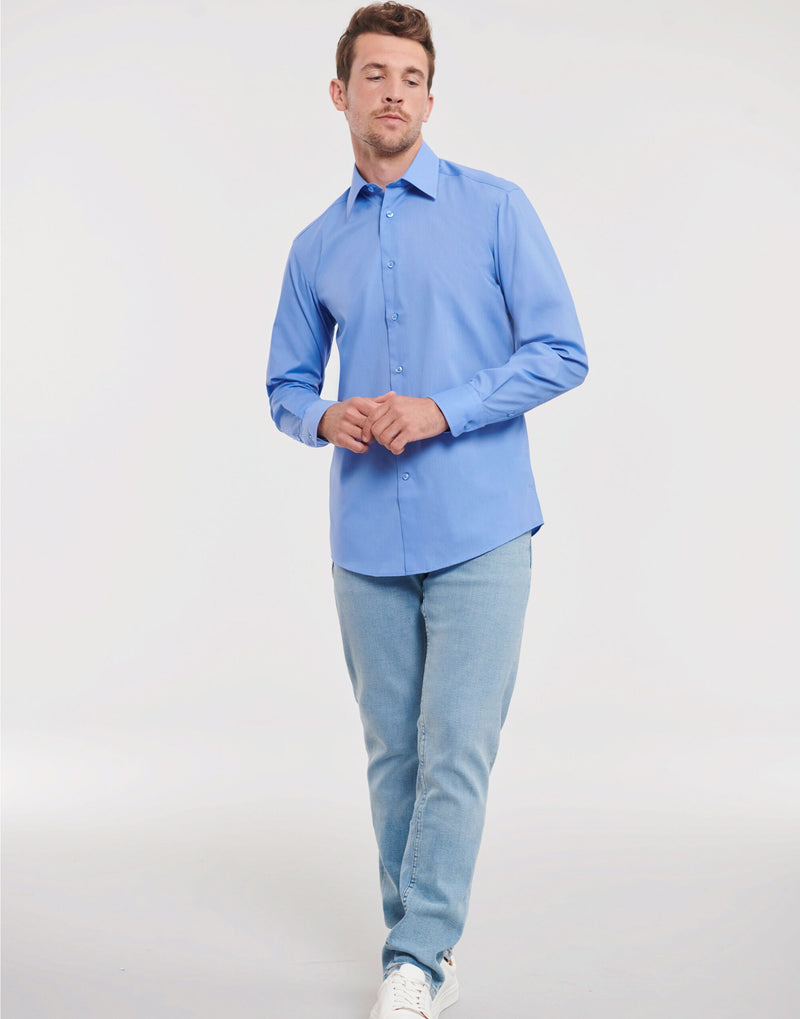 Russell Collection Men'S Long Sleeve Tailored Polycotton Poplin Shirt - Corporate Blue