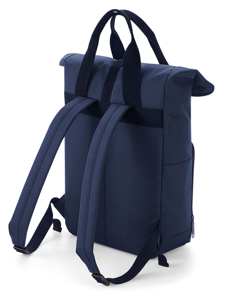 A forest navy blue Bagbase Twin-Handle Roll-Top Backpack.