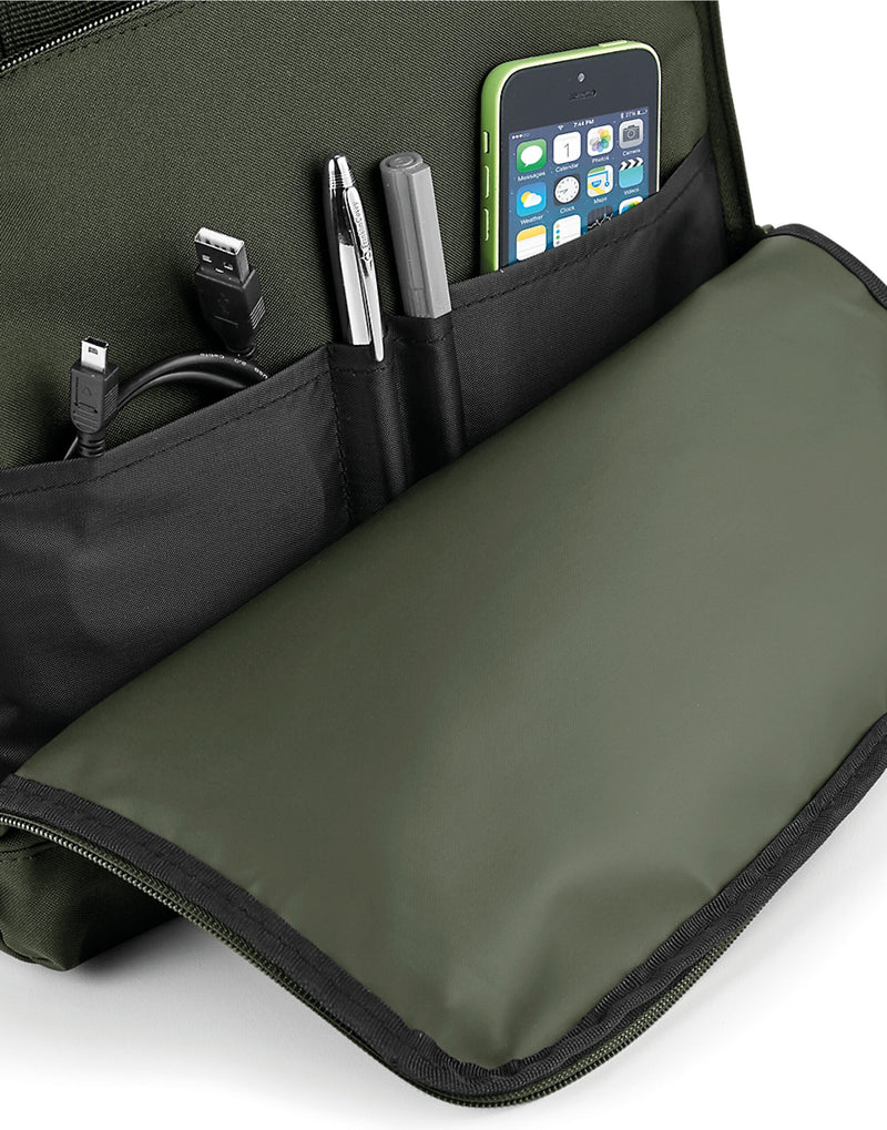 A light green Bagbase Twin-Handle Backpack, side view.