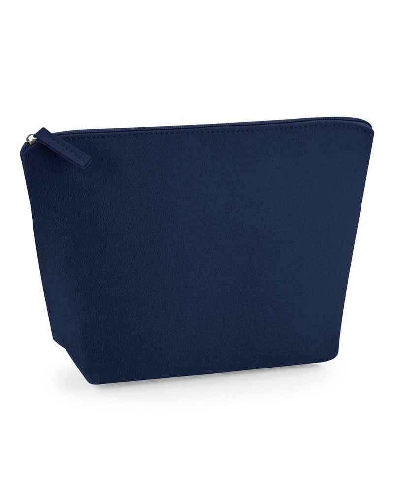 A flat lay of the light grey Bagbase Felt Accessory Bag next to a notebook for scale.