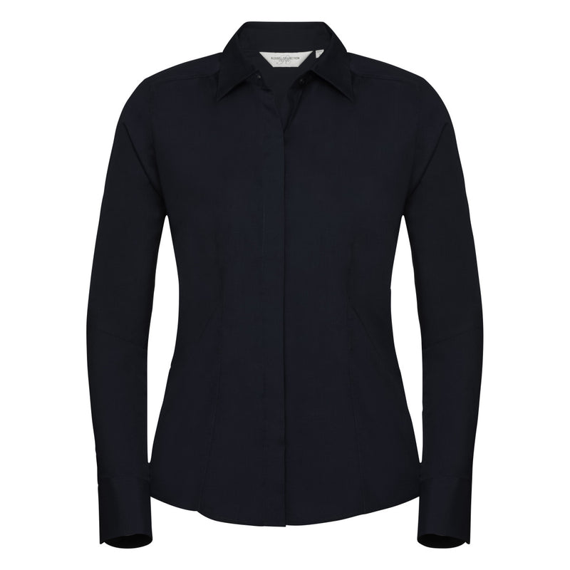 Russell Collection Ladies' Long Sleeve Fitted Polycotton Poplin Shirt - French Navy
