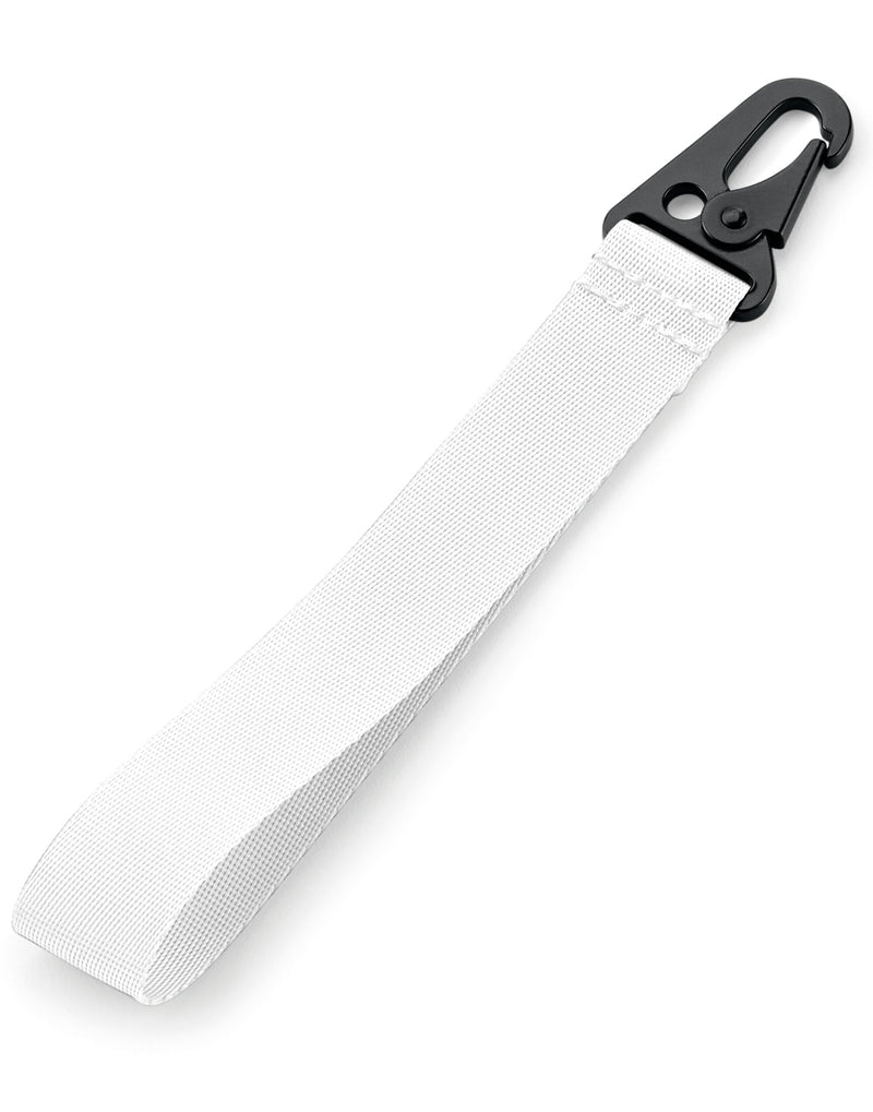 A white Bagbase Brandable Key Clip showcasing its simple design.