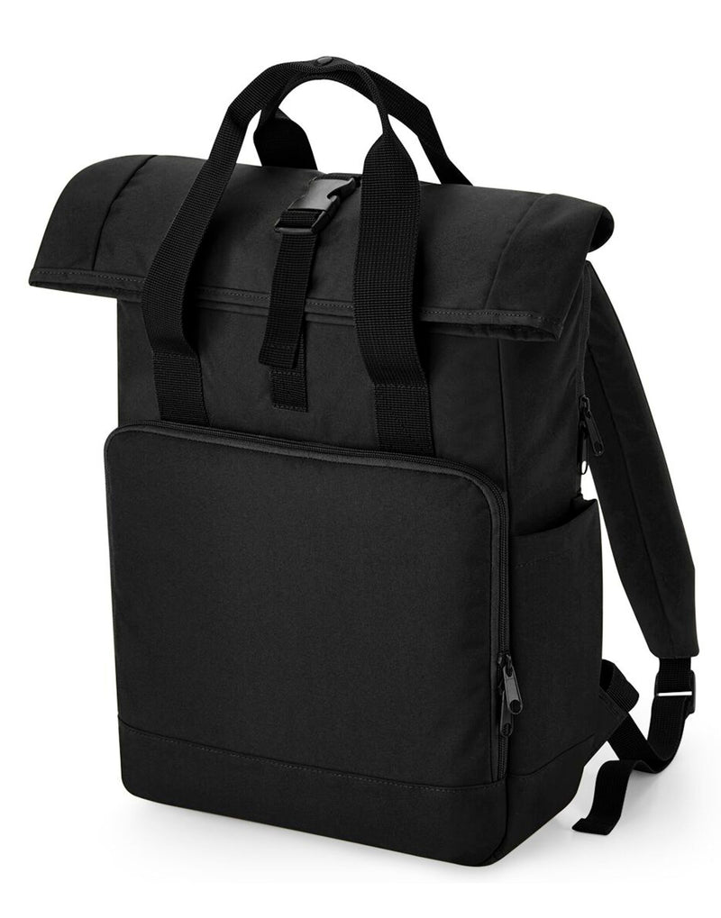 Child wearing a black Bagbase Junior Fashion Backpack.