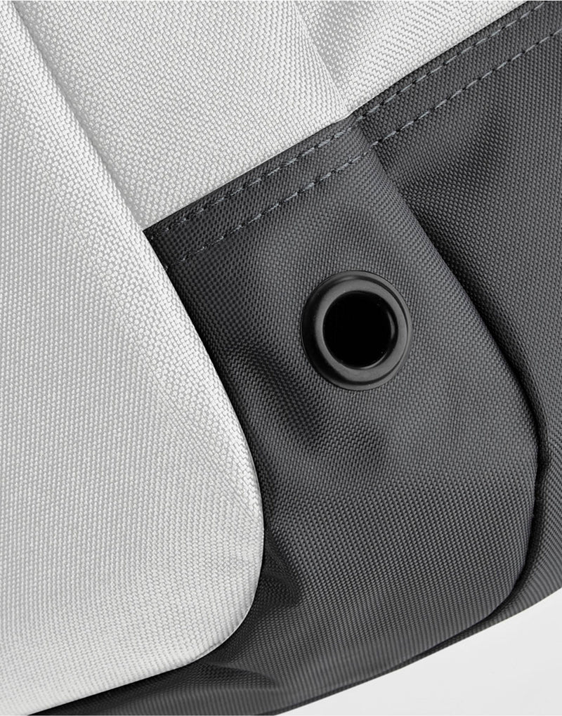 Close-up on the durable zippers and hardware of the Bagbase Athleisure Sports Backpack.