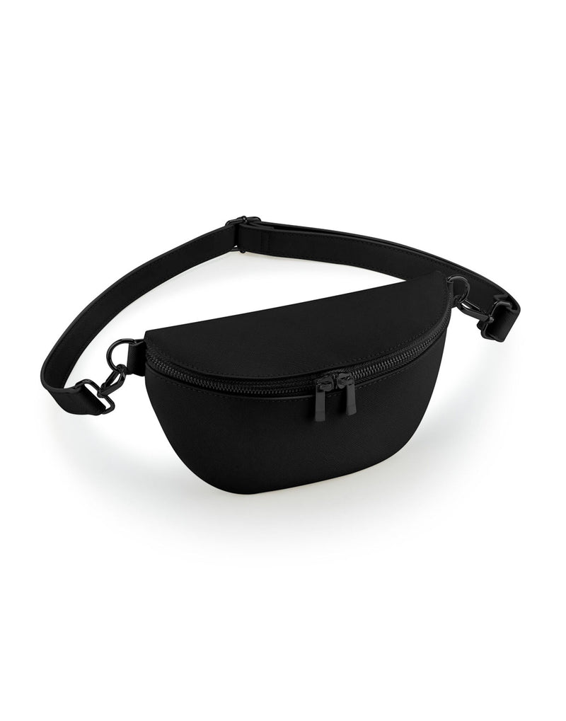 Angled view of the black Bagbase boutique waist bag showing its texture.