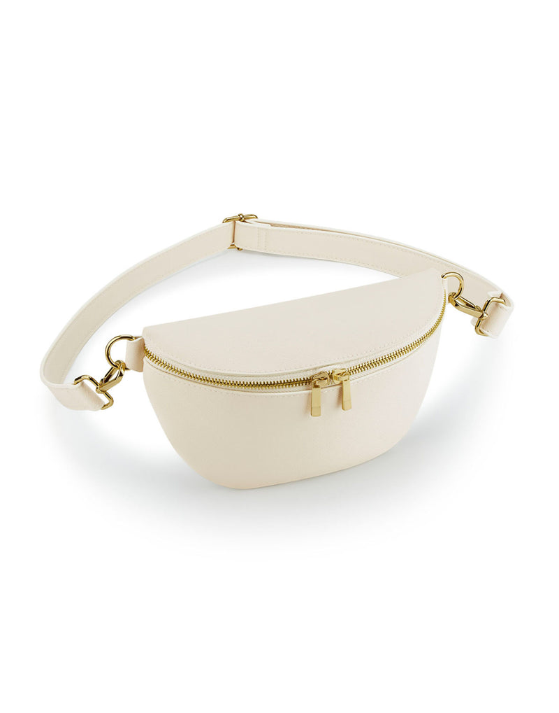 Side profile of the soft white Bagbase boutique waist bag.