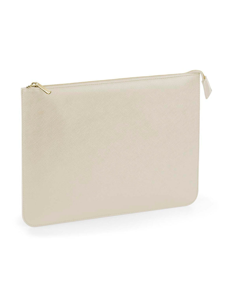 Oyster-colored boutique document slip with saffiano fine grain.
