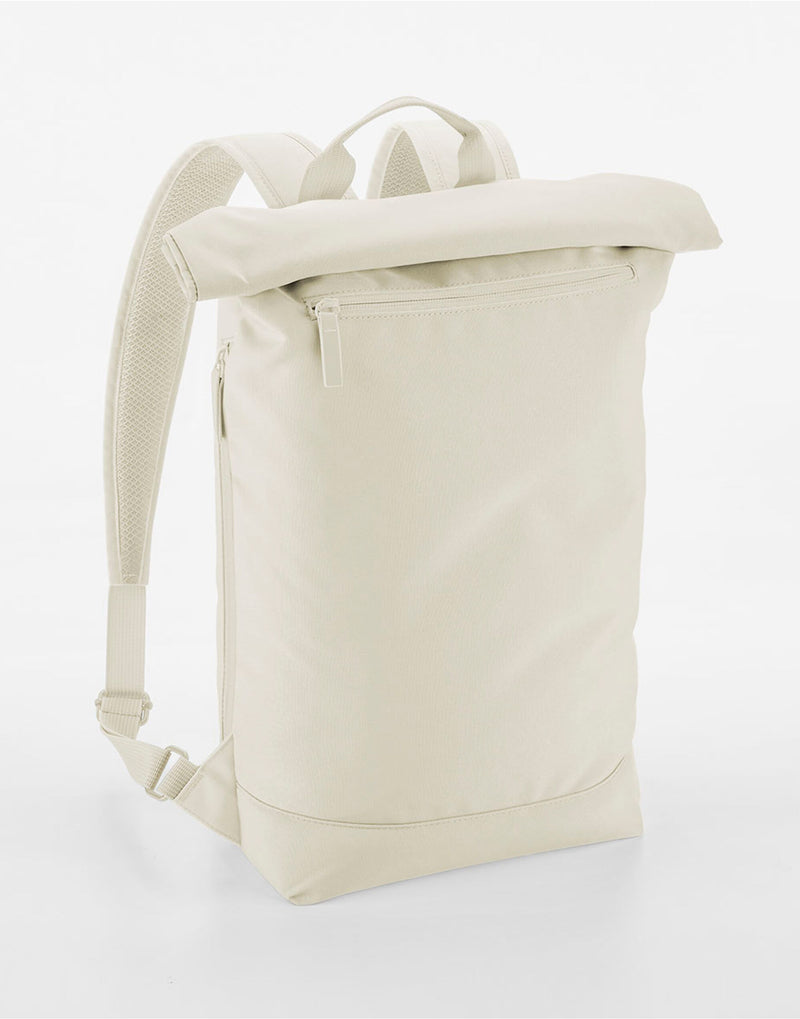 Angled view of the black Bagbase Simplicity Roll-Top Backpack Lite, showcasing its minimalist aesthetic.