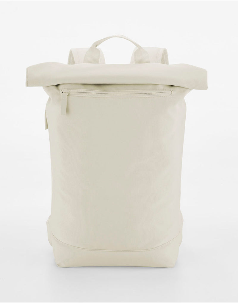 Side profile of the off-white Bagbase Simplicity Roll-Top Backpack Lite with its secure stud closure.