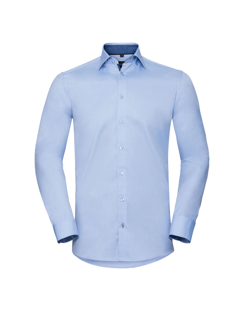 Russell Collection Men'S Long Sleeve Tailored Contrast Herringbone Shirt