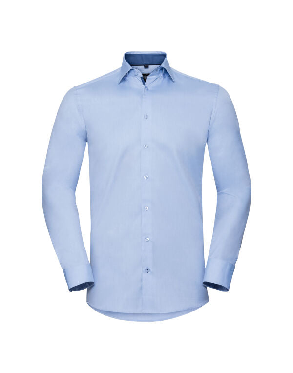 Russell Collection Men'S Long Sleeve Tailored Contrast Herringbone Shirt