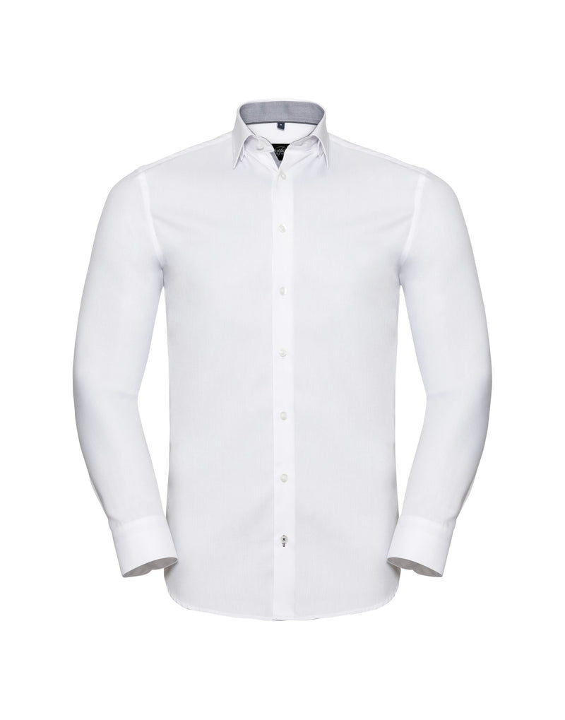 Russell Collection Men'S Long Sleeve Tailored Contrast Herringbone Shirt - White/Silver/Convoy Grey