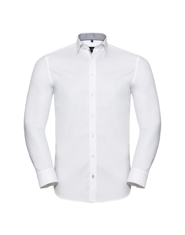 Russell Collection Men'S Long Sleeve Tailored Contrast Herringbone Shirt