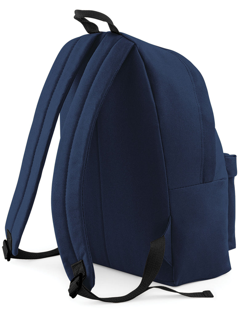 Side view of the reflective roll-top backpack.