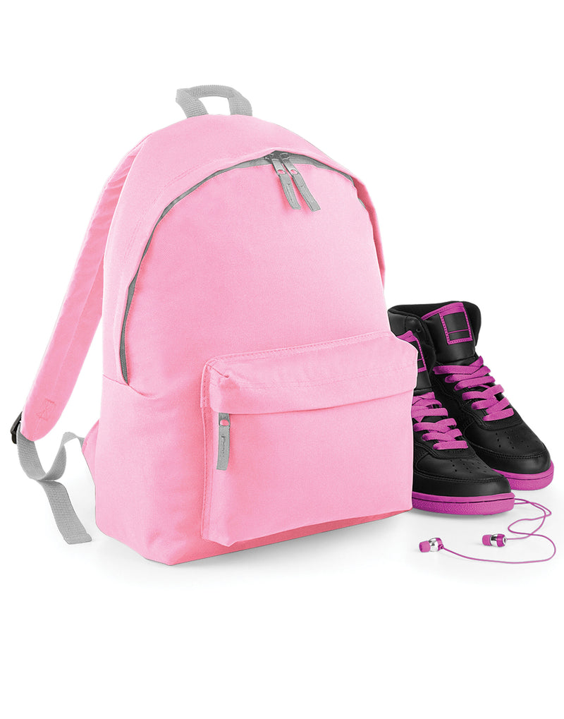 Back view showing the padded straps of a pink maxi backpack.