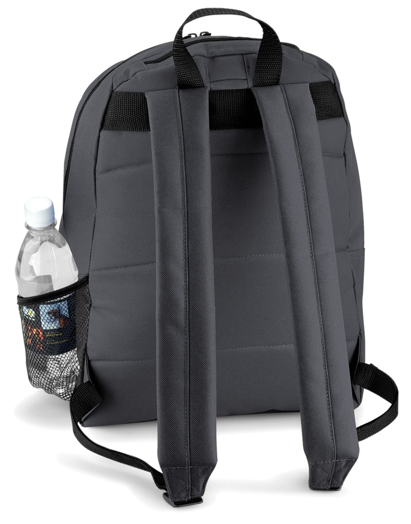 Back view of a navy recycled roll-top backpack.