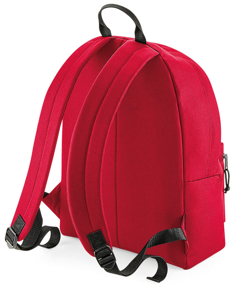 Primer plano del bolsillo frontal con cremallera de la mochila reciclada Bagbase.