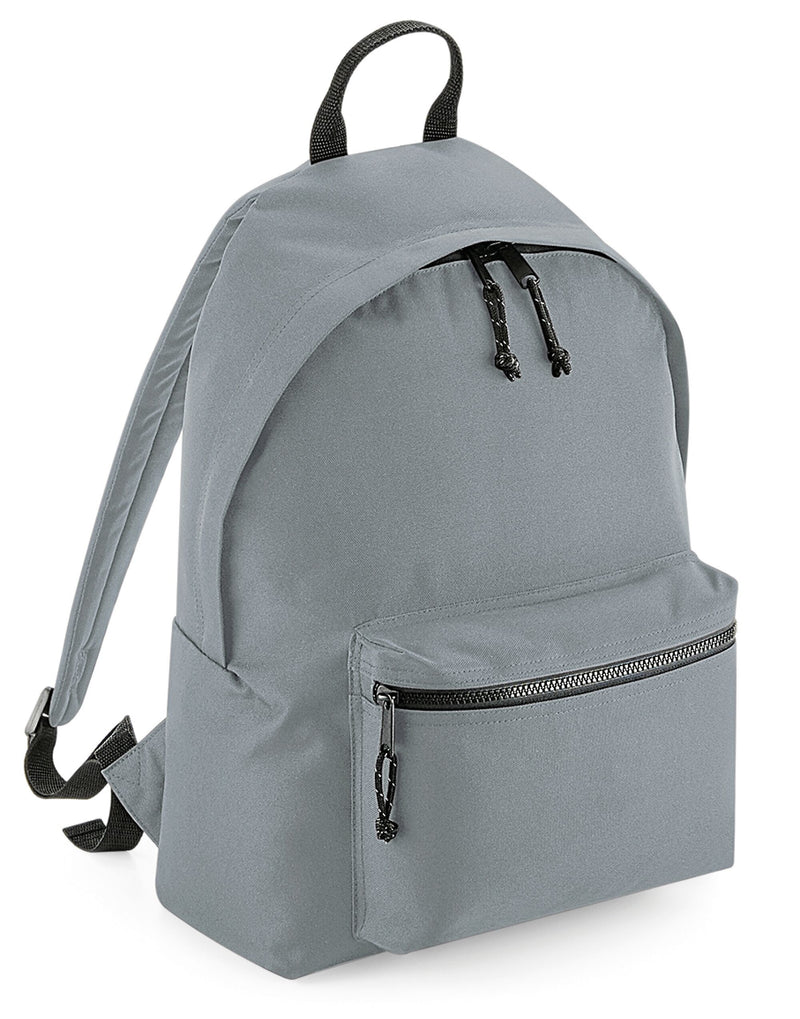 Close-up of the Bagbase recycled backpack’s top handle and durable zipper pulls, emphasizing its sturdy construction.