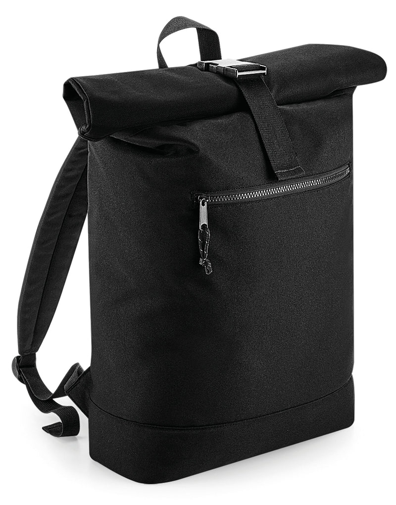 Bagbase recycled roll-top backpack with a secure buckle closure, presented from the front to show its full height.