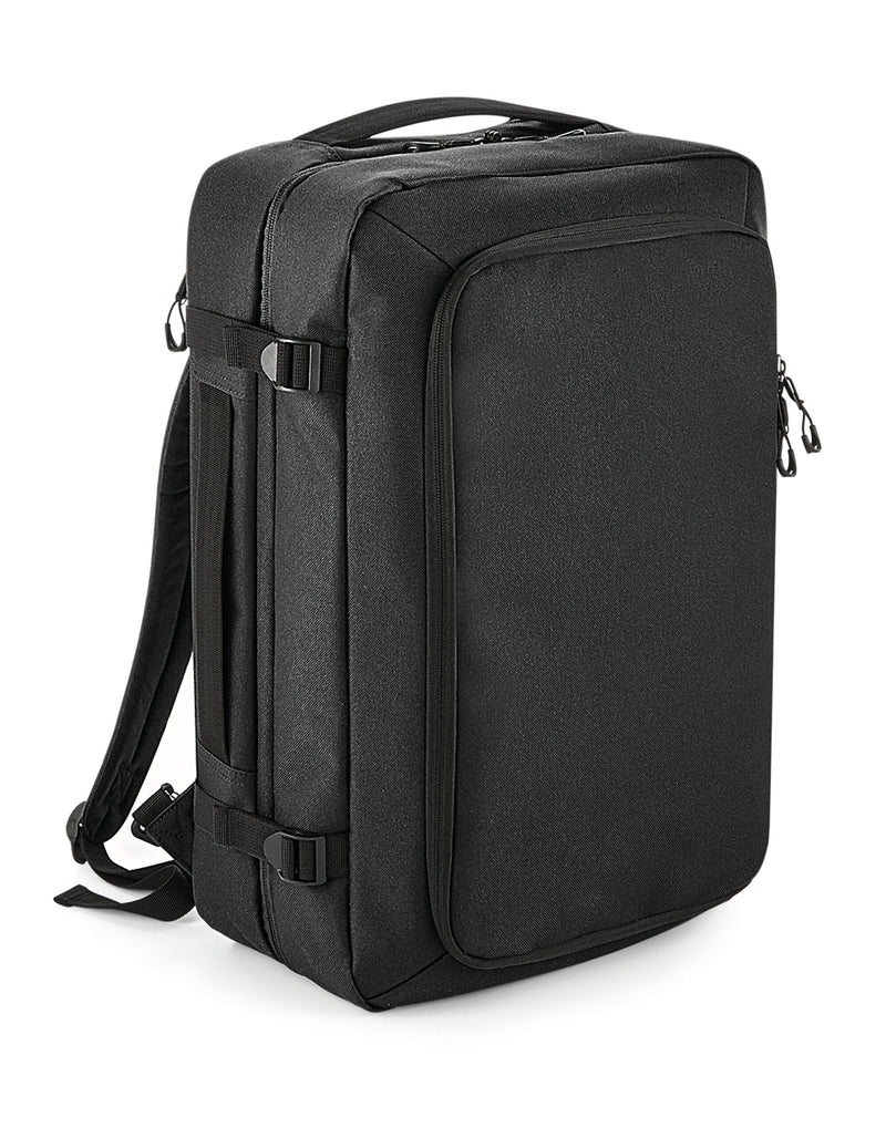 Front view of the Bagbase Escape Carry-On Backpack in black, designed for travel with multiple compartments.