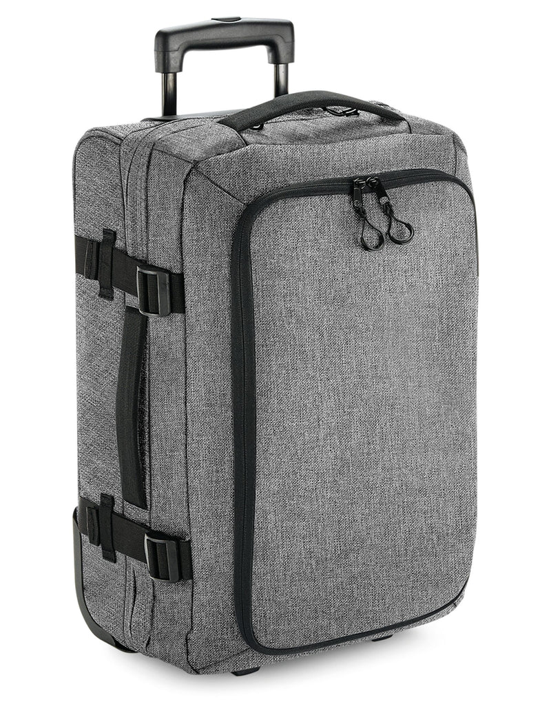 Close-up of the heavy-duty zippers and compression straps on the Bagbase Escape Carry-On Wheelie.